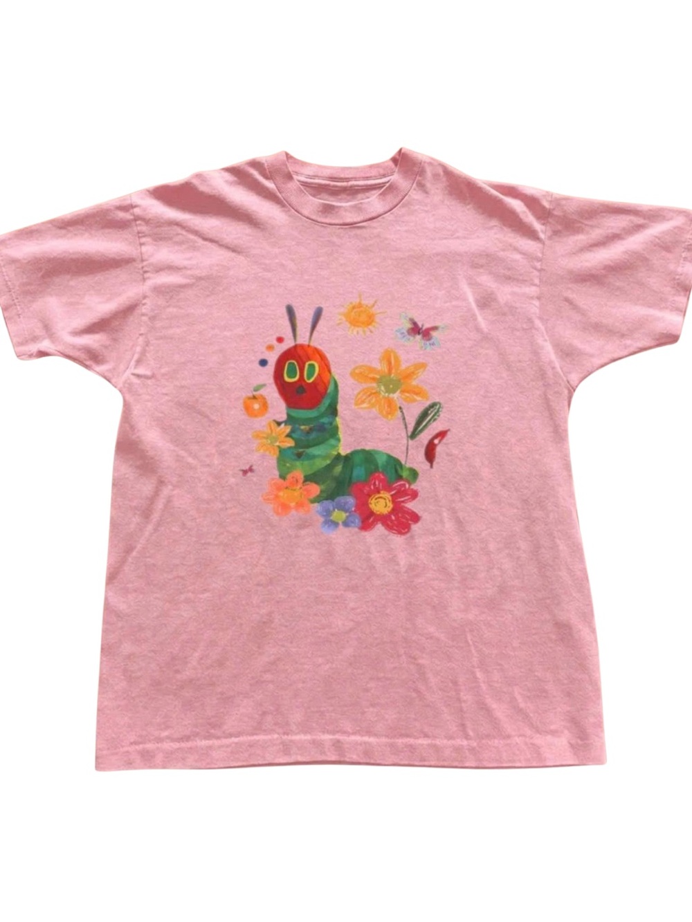 Gildan Pink Tee with Colorful Caterpillar & Flowers